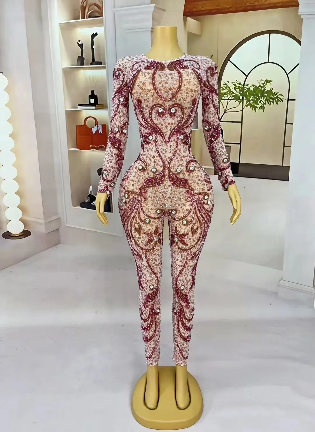 Sexy Shining Rhinestones Jumpsuit Mesh Long Sleeves Bodysuit Special Stage Performance Costume Dance Show Outfit Club Vestido