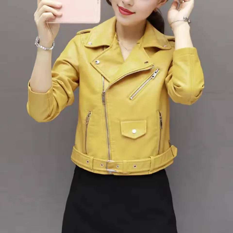 แฟชั่นผู้หญิงเสื้อหนัง Faux ฤดูใบไม้ร่วง Turn-Down COLLAR Zip-up Zipper Rivet แขนยาวรถจักรยานยนต์หญิง Outerwear