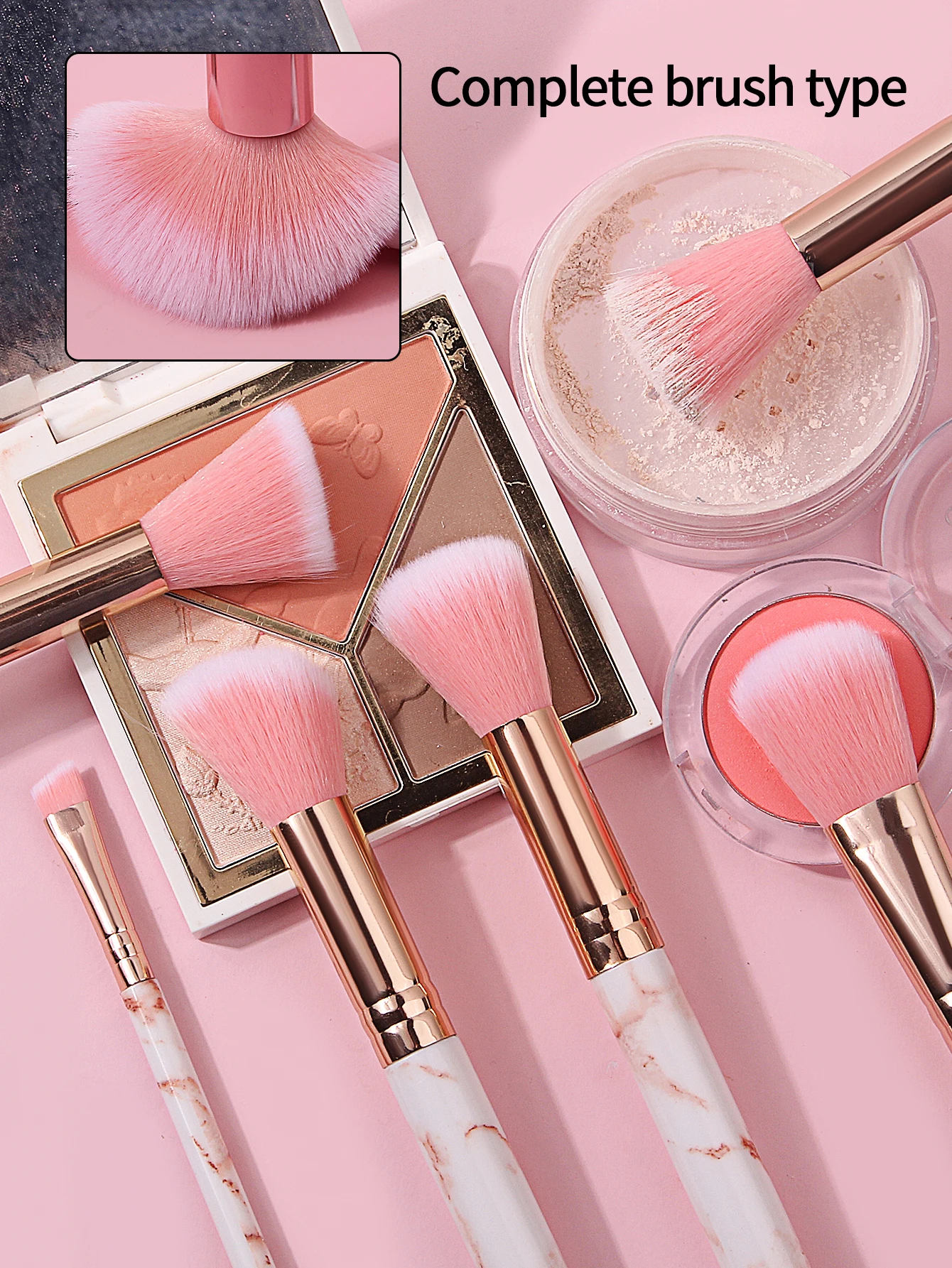 14PCS pink set with 10 marble makeup brushes +3pcs setting triangle powder puff +1pcs double button makeup brush storage bag