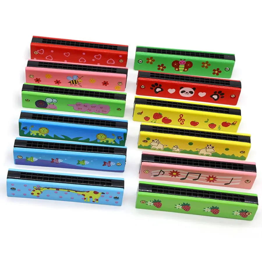 Children's wooden painted harmonica wooden parent-child new strange educational early education toy cartoon 16-hole harmonica