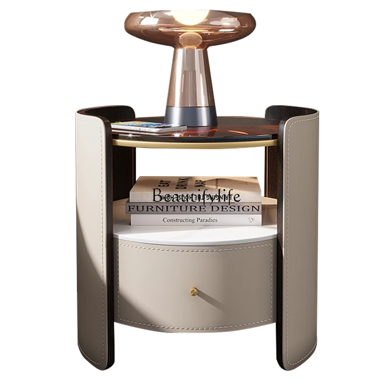 

Light Luxury Saddle Leather Bedside Table Small Apartment High-End Storage Italian Glass Side Cabinet
