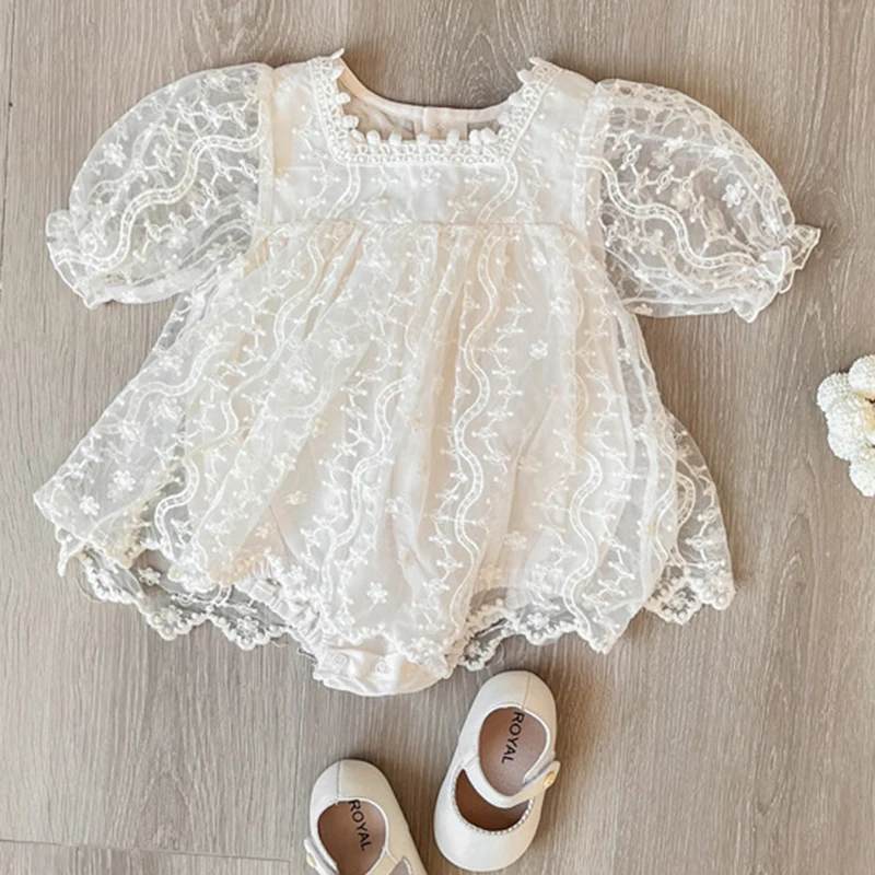 Summer Newborn Jumpsuit New Infant Baby Girls Tutu Dress Birthday Clothes Newborn Girls Toddler Short Sleeved Lace Jumper Dress