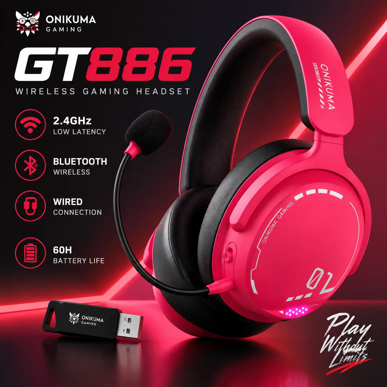 ONIKUMA GT886 Wireless Gaming Headset 40mm Driver 2.4G Bluetooth Headphones With Noise Reduction Mic For PC PS5 Switch Gamer
