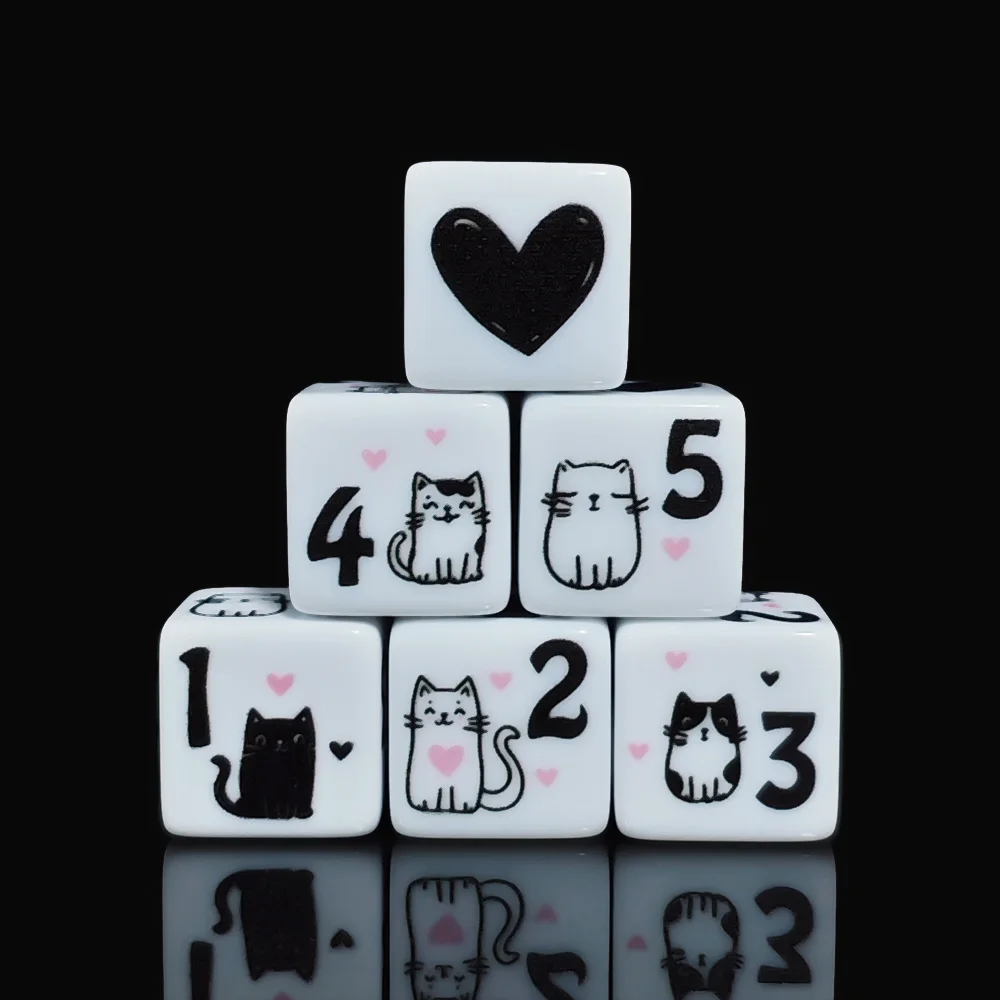 12Pcs/Set 16mm Cute Cat Dice, Premium Acrylic 6-Side Dice with Black White Kitty & Heart Design for DND, RPG, Board Games, Gifts view 3