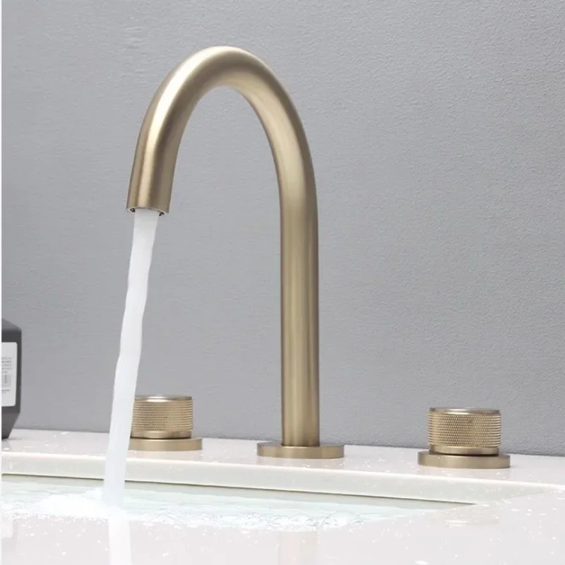 

59# Solid Brass Brushed Gold Split Basin Faucet Deck Mounted Sink Faucets 3 Hole Double Handle Hot and Cold Water Mixer Tap