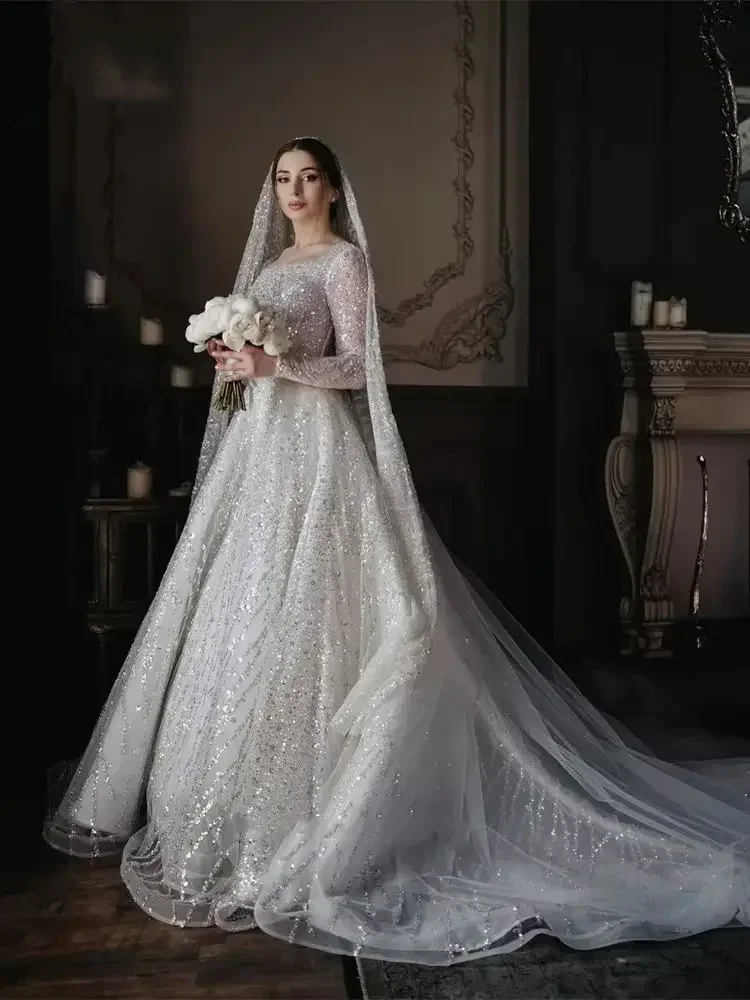 

Luxury White A-Line Sequin Bead Long Wedding Dress Square Neck Dubai Long Sleeved Bridal Gown Vestido De Novia Customized