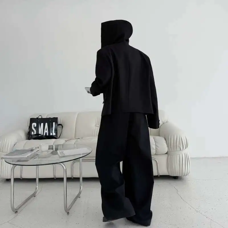 WTHT อินเทรนด์ผู้ชายชุดสีทึบ Hooded Double-breasted หลวม Blazer เสื้อลําลองเอวสูงกางเกงขากว้างชุดชาย 2A0236