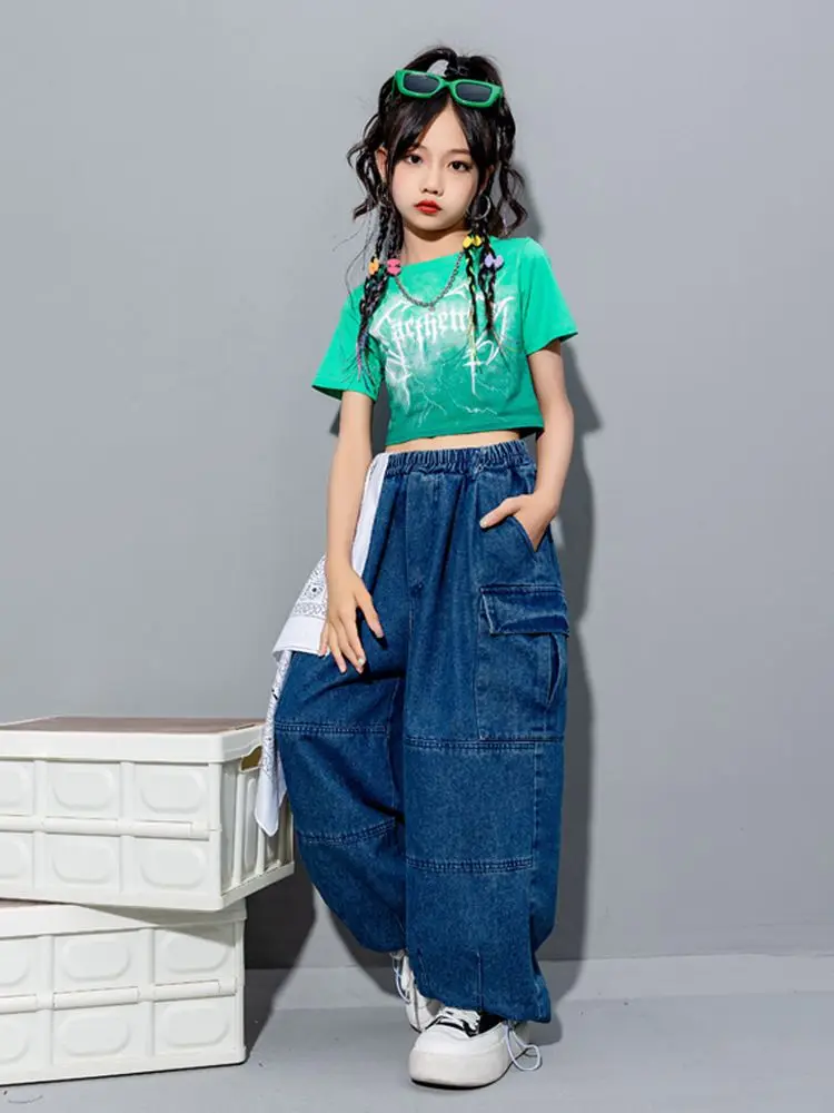 Kids Hip Hop Clothing Sweatshirt Hoodie Denim Cargo Jogger Streetwear Pants for Girl Boy Jazz Dance Costume Clothes Outfits Set