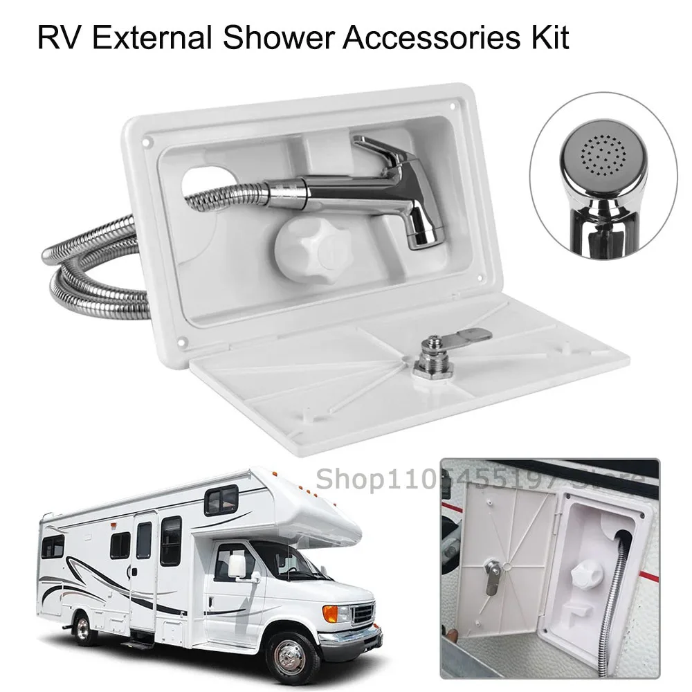 

RV Shower Box Kit with Locking Bracket Switch 1.5m Hose for Marine Campervan RV Motorhome Car Accessories Exterior Black White