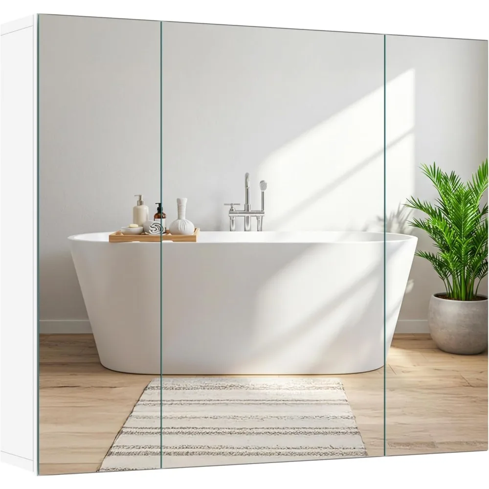 

Bathroom Mirror Cabinet with 3 Doors, Wall Mounted Medicine Cabinet with Adjustable Shelf, Storage Cupboard for Living Room, La
