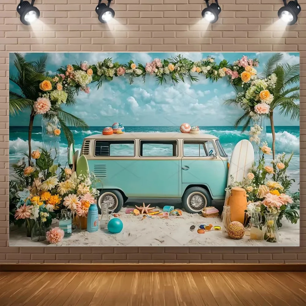 Sommer Strand Eiswagen Surfbrett Kokospalme Hintergrund Baby-Shower Geburtstag Sommerparty Fotostudio Zubehör