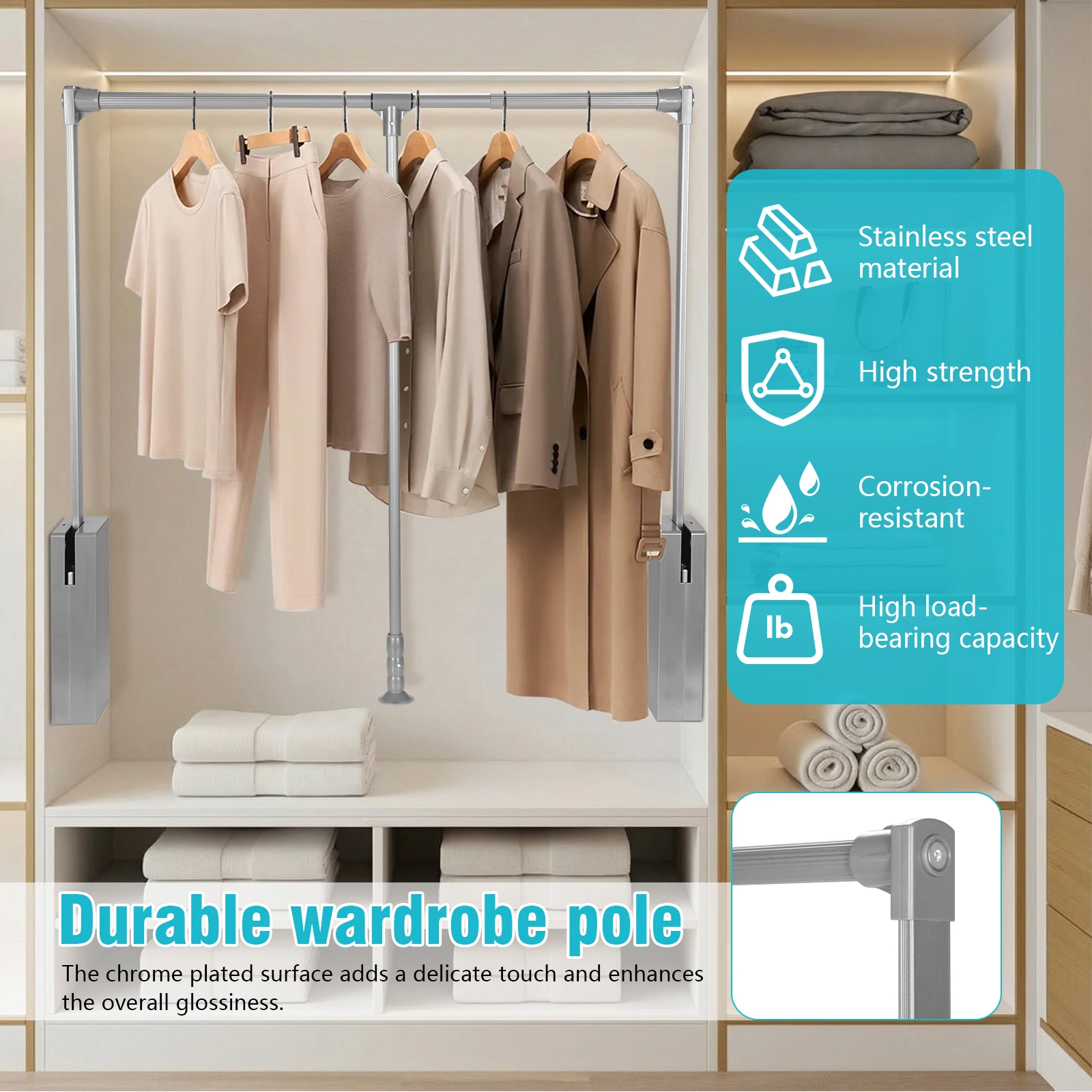 

2 Pack Pull Down Closet Rod Adjustable Width Side Mounted Closet Rod 60Lbs Load Capacity for Kitchen Bedroom High Cabinets