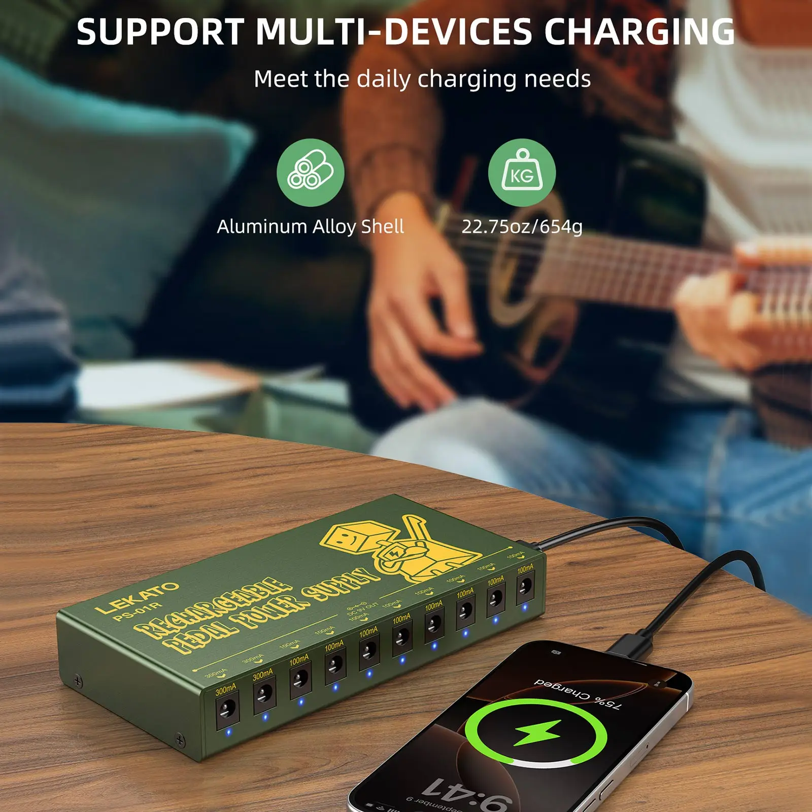 Lekato Reliable Rechargeable Power Supply for Effect Pedals10Independent9V Outputs with Short-Circuit Protection&ultra-Low Noise
