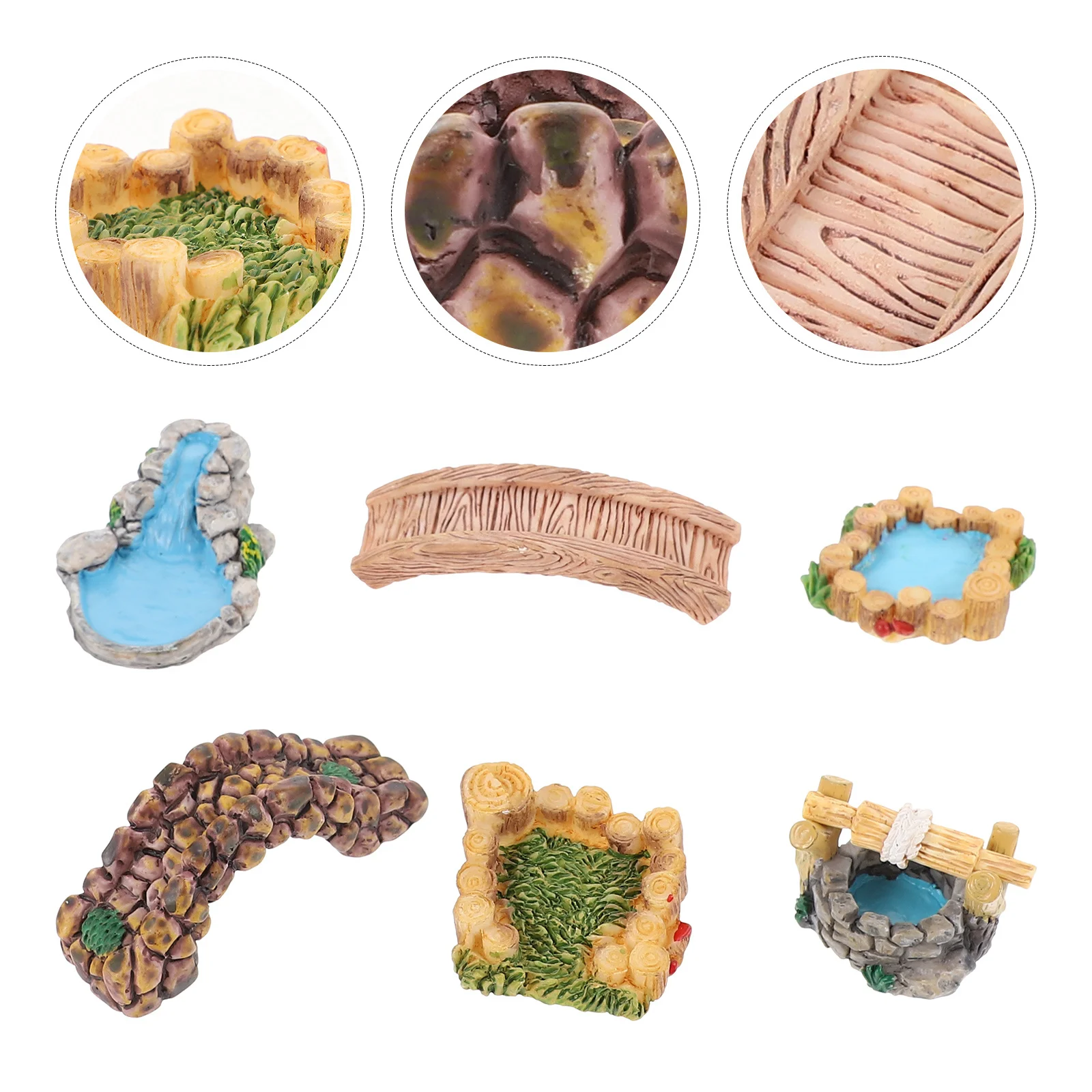 

6Pcs Retro Resin Micro Landscape Decor Home Fairy Garden Mini Bridge Pond Well Vintage Simulation Scene Props Scratch Resistant
