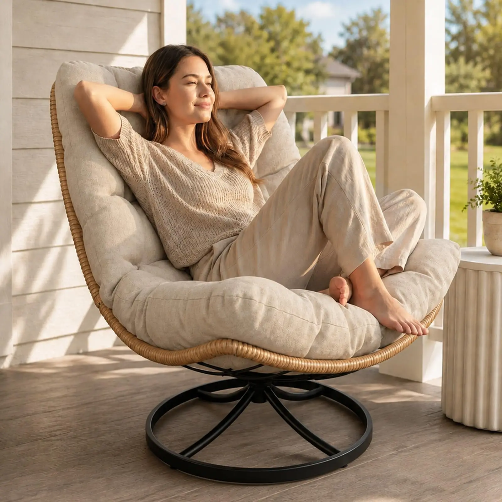 Outdoor Wicker Swivel Chair, 360° Rotating Patio Chair, Oatmeal