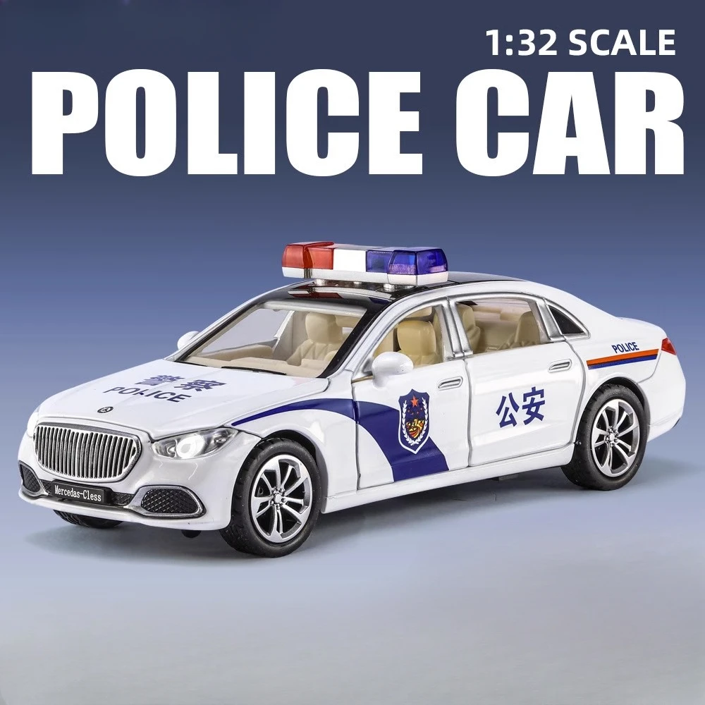 Scale 1:32 Mercedes-Benz S680 Police Car Model Toy Alloy Diecast Doors Opened Sound Light Pull Back Models Collection Kids Gifts