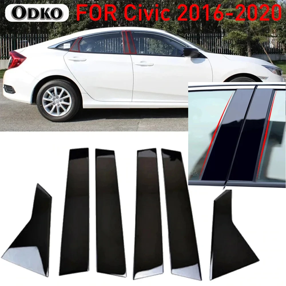 6Pcs For Honda Civic 10th 2016 2017 2018 2019 2020 Carbon Fiber Black Car Door Pillar Posts Trim Cover Window Column BC Pillar