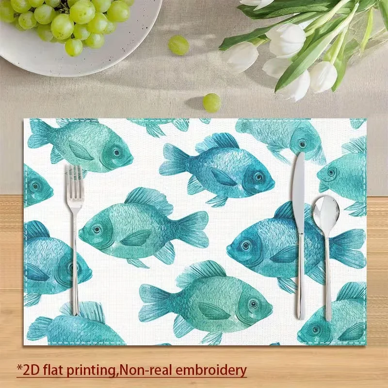 Watercolor Teal Fish Placemats Ocean Animal Seafood Pattern Rectangular Table Mats Coastal Nautical Home Kitchen Decor