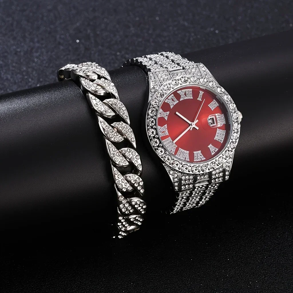2pcs/set Iced Out Watch Men Luxury Brand Full Artificial Diamond Men\'s Watches Quartz Men\'s Watch Hip Hop Male Clock Gift For