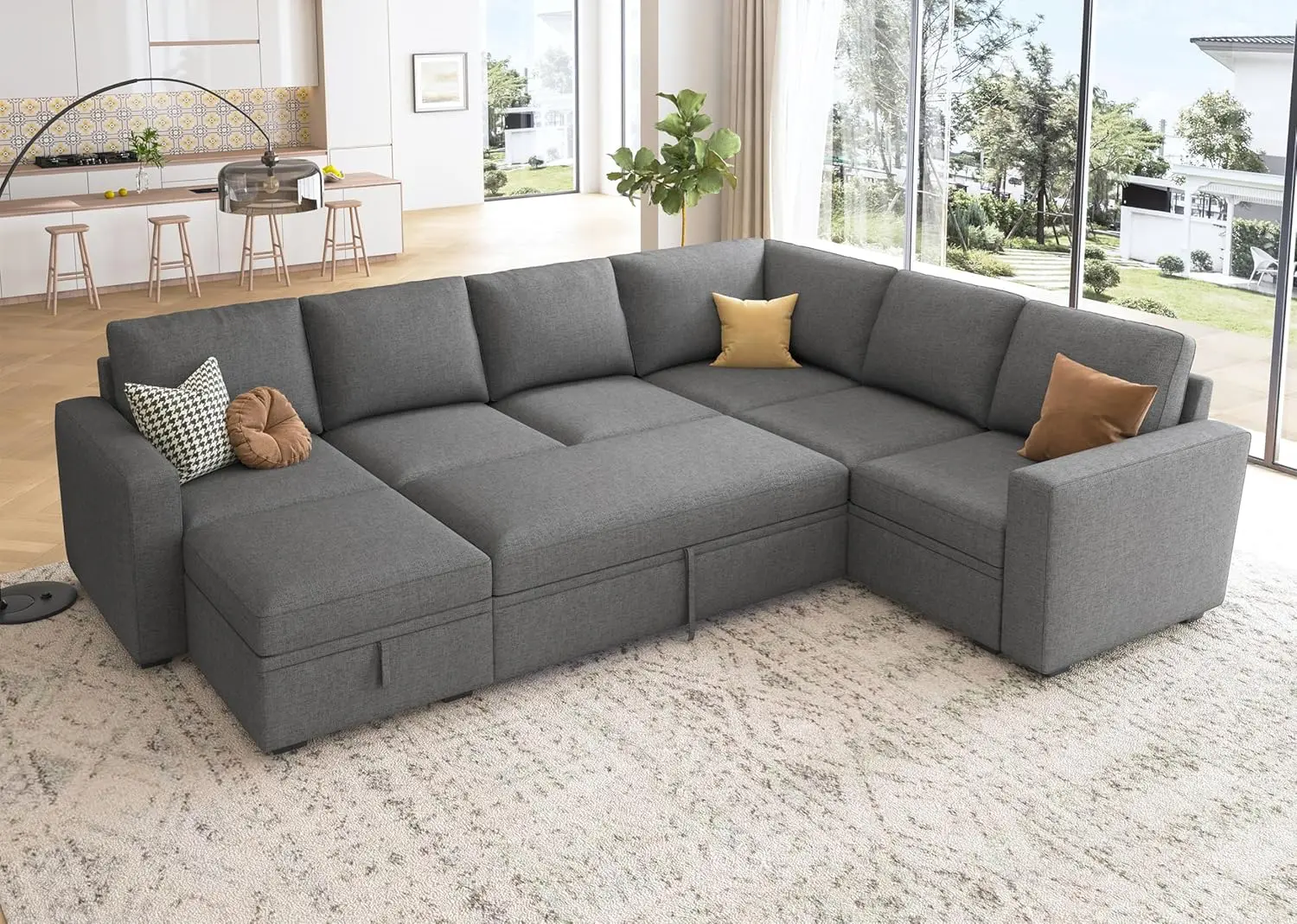 

Modular Sectional Sleeper Sofa with Pull Out Bed, U Shaped Sectional Couch with Storage Ottoman Convertible 7-Seater Sofa