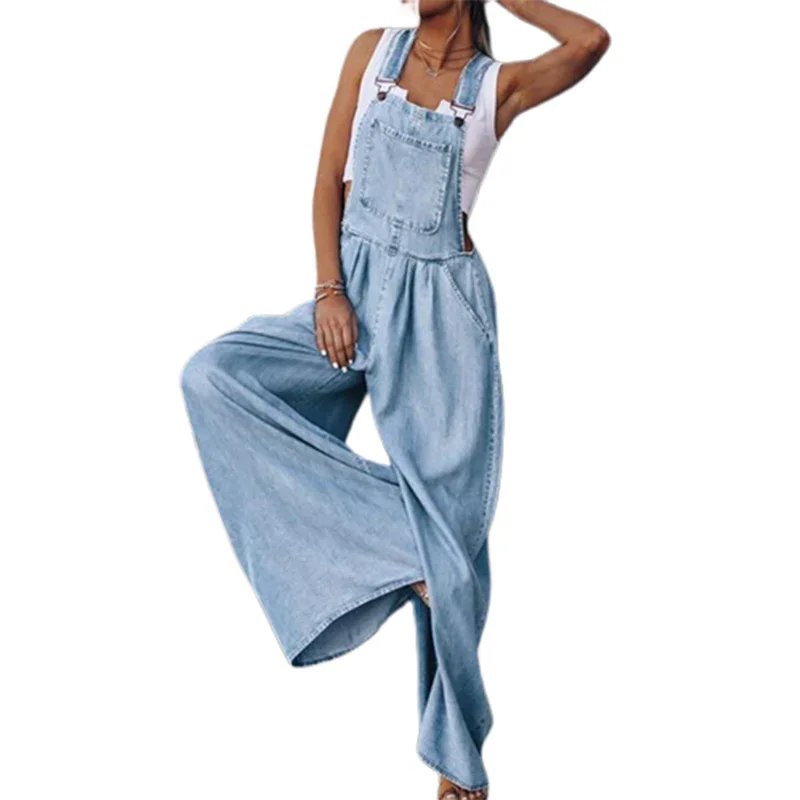 

Women New Casual Denim Jumpsuit Summer Kangaroo Pouch Splice Strap Pants Loose Wide Leg Pants Female Commuter Rompers Streetwear