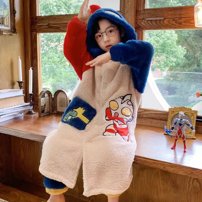 

Anime Ultraman Print Boys Hooded Fleece Bathrobe Pajama Winter Warm Cartoon Soft Plush Kids Sleepwear Loungewear Robe Kawaii