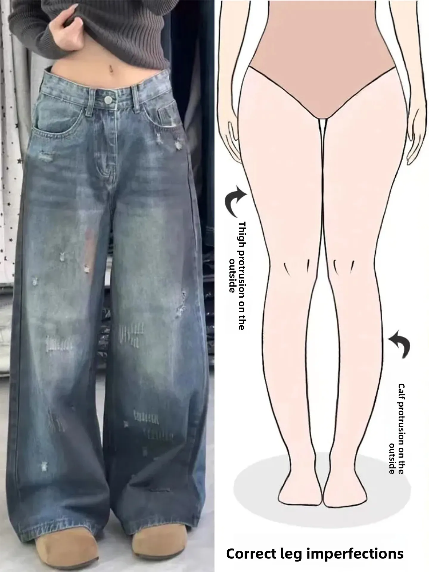 

Retro Style Women's Loose Wide Leg Jeans Faded Dirtied Denim Pants Autumn Winter New Street Style Casual High Waist Jeans