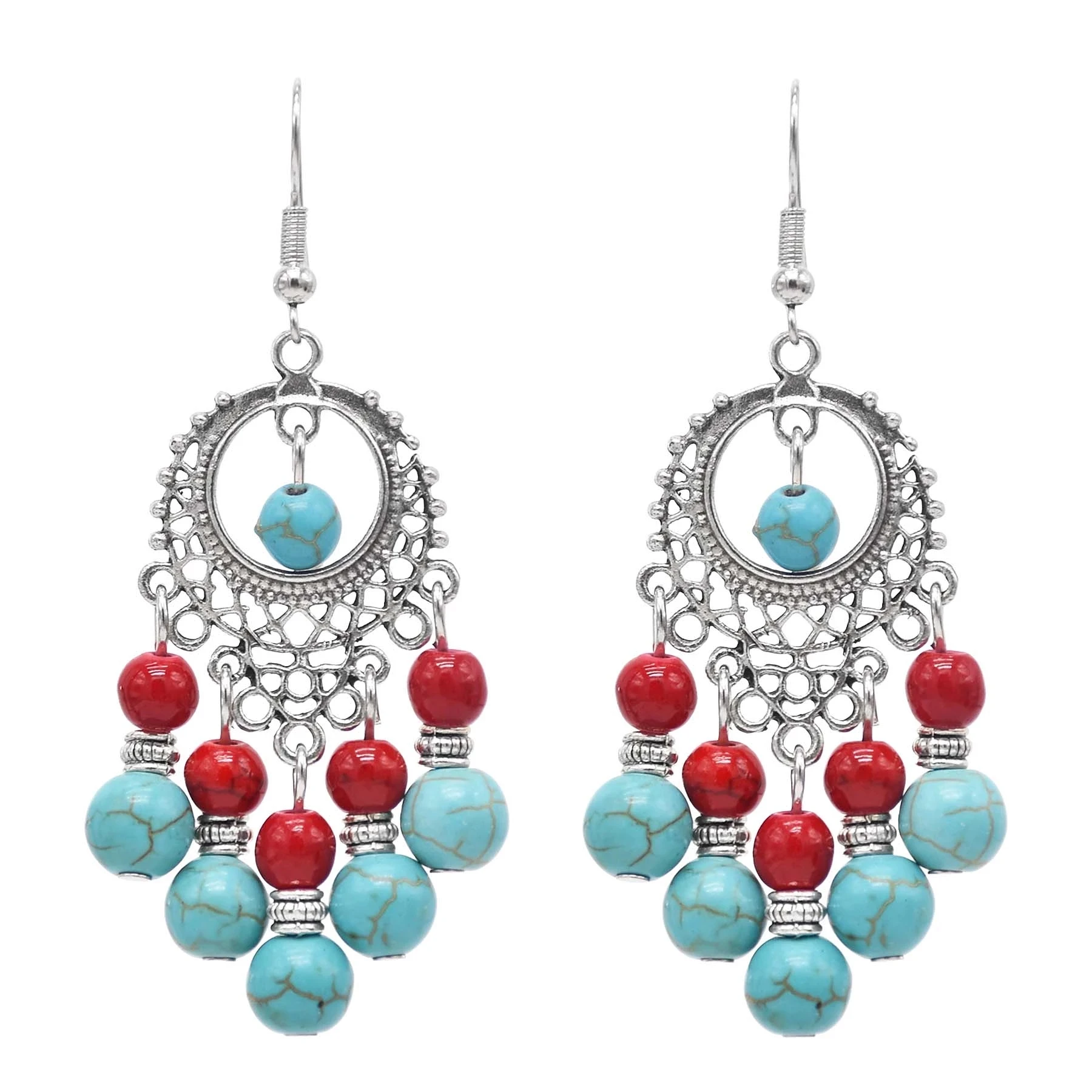 Bohemian Red Blue Stone Drop Earrings for Women Female Ethnic Gypsy Turkish Tribal Statement Earrings Festival Party Jewelry