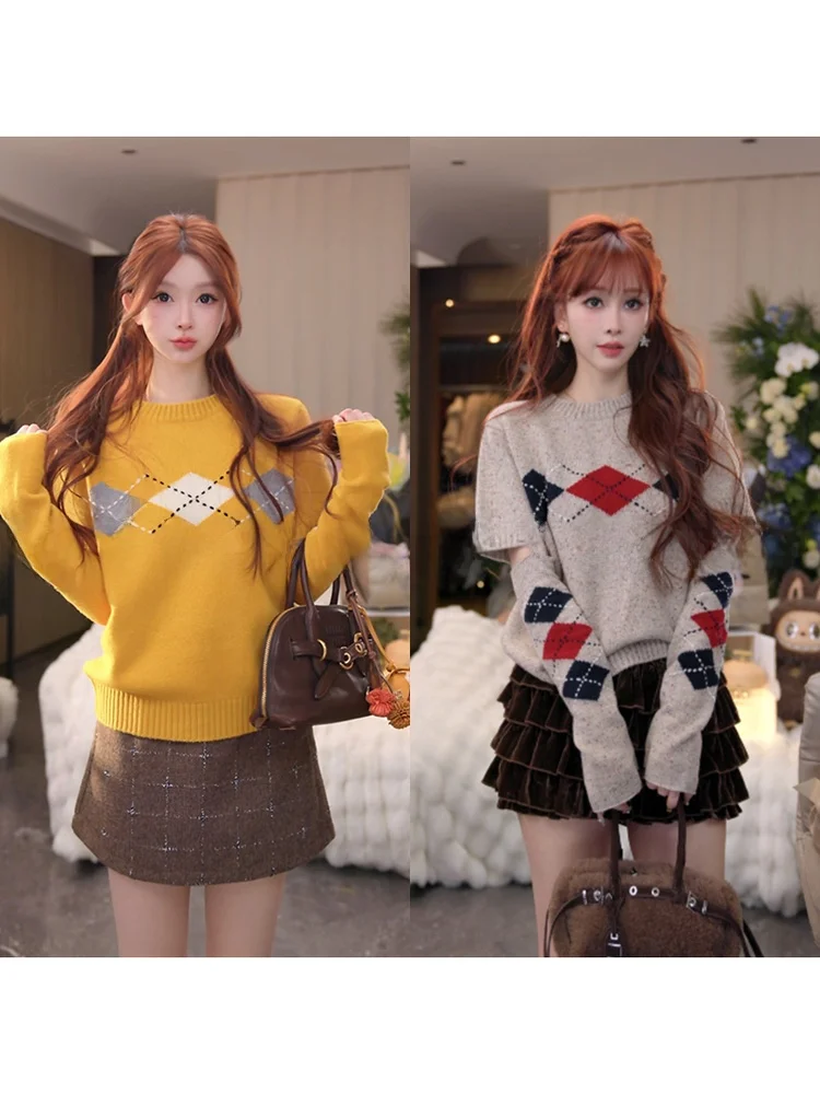 

Mimius Early Spring Limited Edition Woolen Knitted Sweater Women's round Ne Removable Sve Diamond Pattern Versatile Sweater