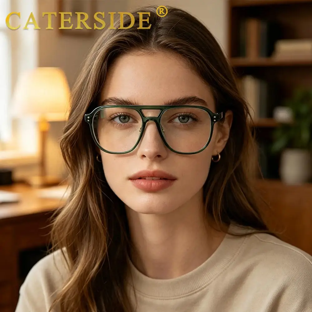 CATERSIDE Modische Herren-Pilotenbrille mit Blaulichtfilter, Flachrand-Design mit Doppelbrücke, Brillengestell, Damen-Dekorationsbrille – Detail 4