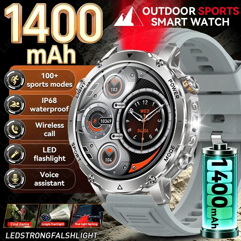 

2026 New 1400mAh Ultra Big Battery Smart Watch Men Outdoor IP68 Waterproof Bluetooth Flashlight Call HD AMOLED Sport Smartwatch