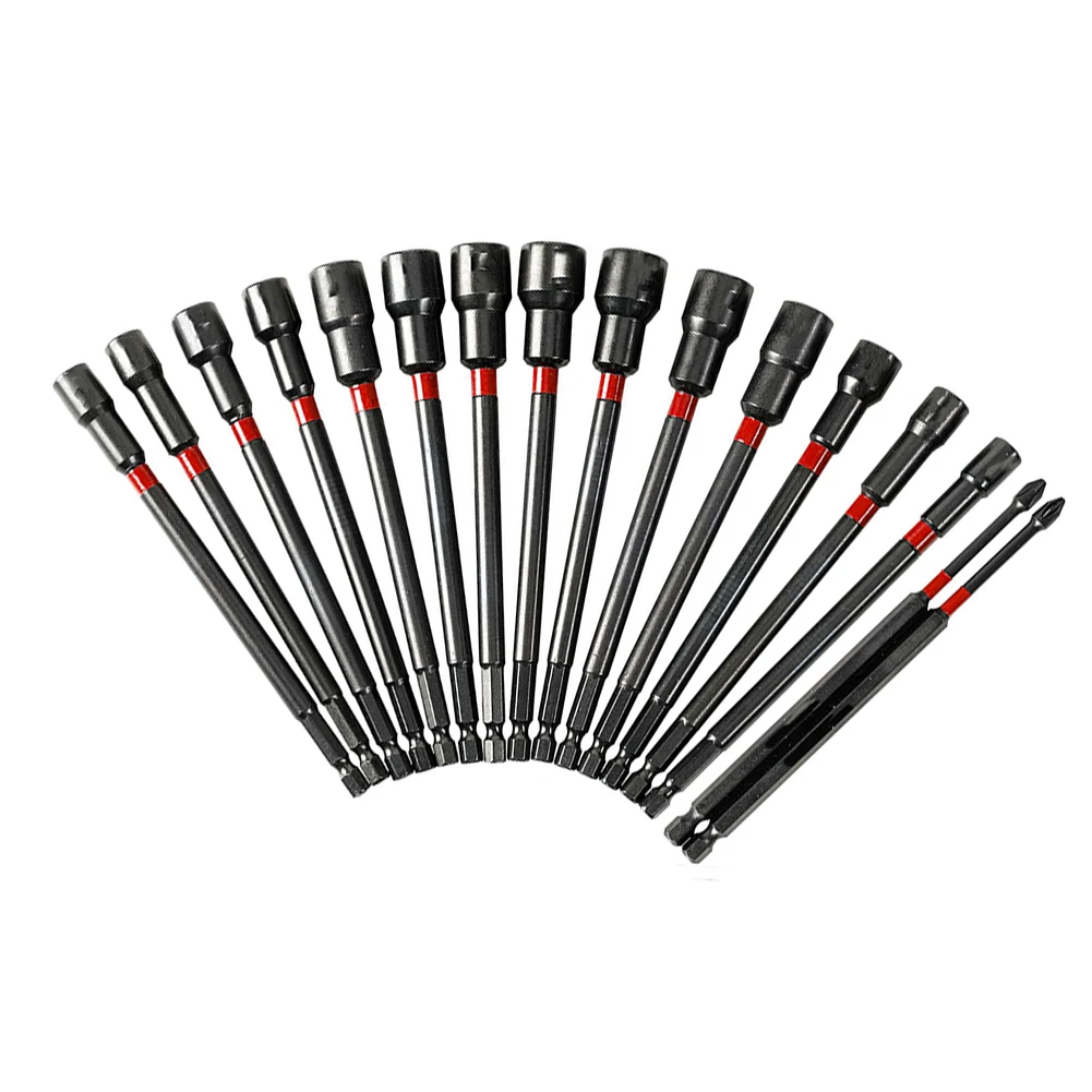 16pcs 6Inch Long Shank Magnetic 1/4 Hex Shank Nut Driver Set For Impact Drill Socket Long Nut Magnetic Nut Driver Hand Tools