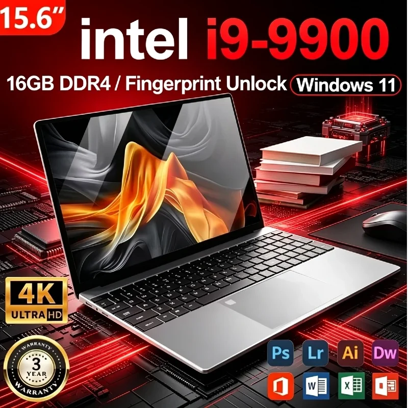 New 15.6 inch Office Laptop Intel Core i9 9900 Screen 16GB RAM 4K HD 1TB SSD Portable Slim Laptops PC Gamer Computer