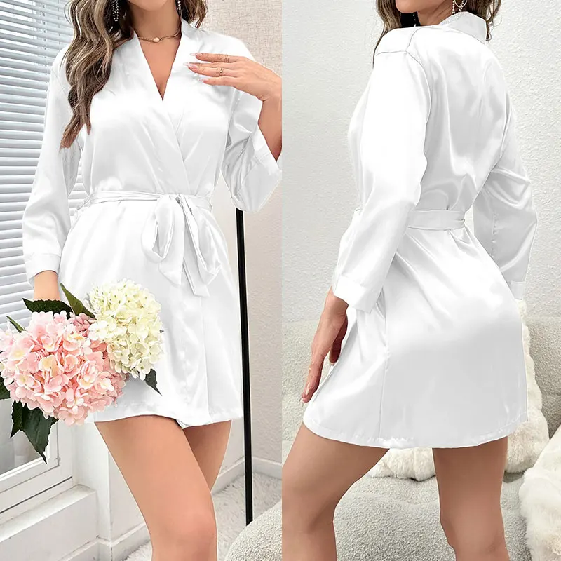 Women's Short Kimono Robe Silky Satin Bathrobe Bride Bridesmaids Getting Ready Sleepwear Soft Nightgown