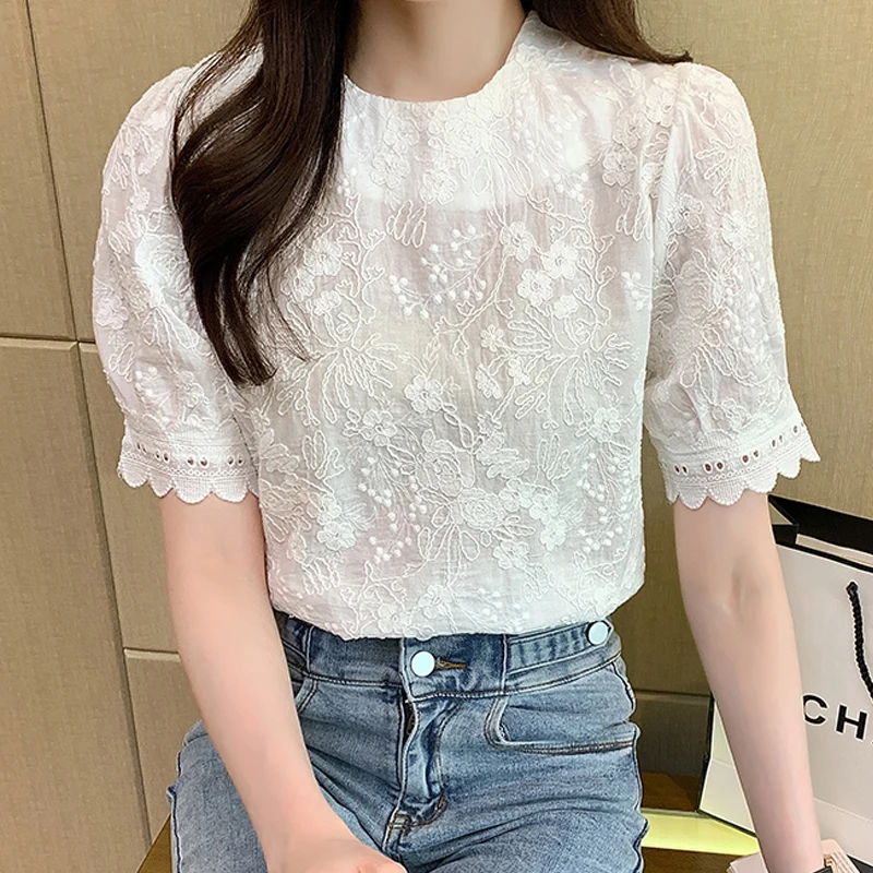 Summer Lace Blouse Women Elegant Vintage Sweet Puff Sleeve Tops Chiffon Shirt Women Short Sleeve Embroidery Blouses Blusas 21262