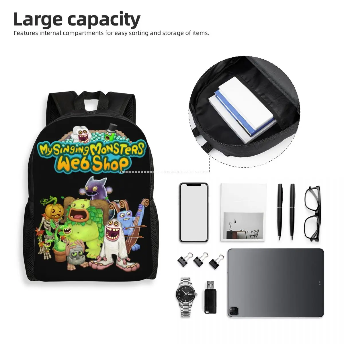 사용자 정의 3D 인쇄 내 노래 괴물 배낭 소년 소녀 학교 대학 여행 가방 남성 여성 Bookbag 15 인치 노트북에 적합