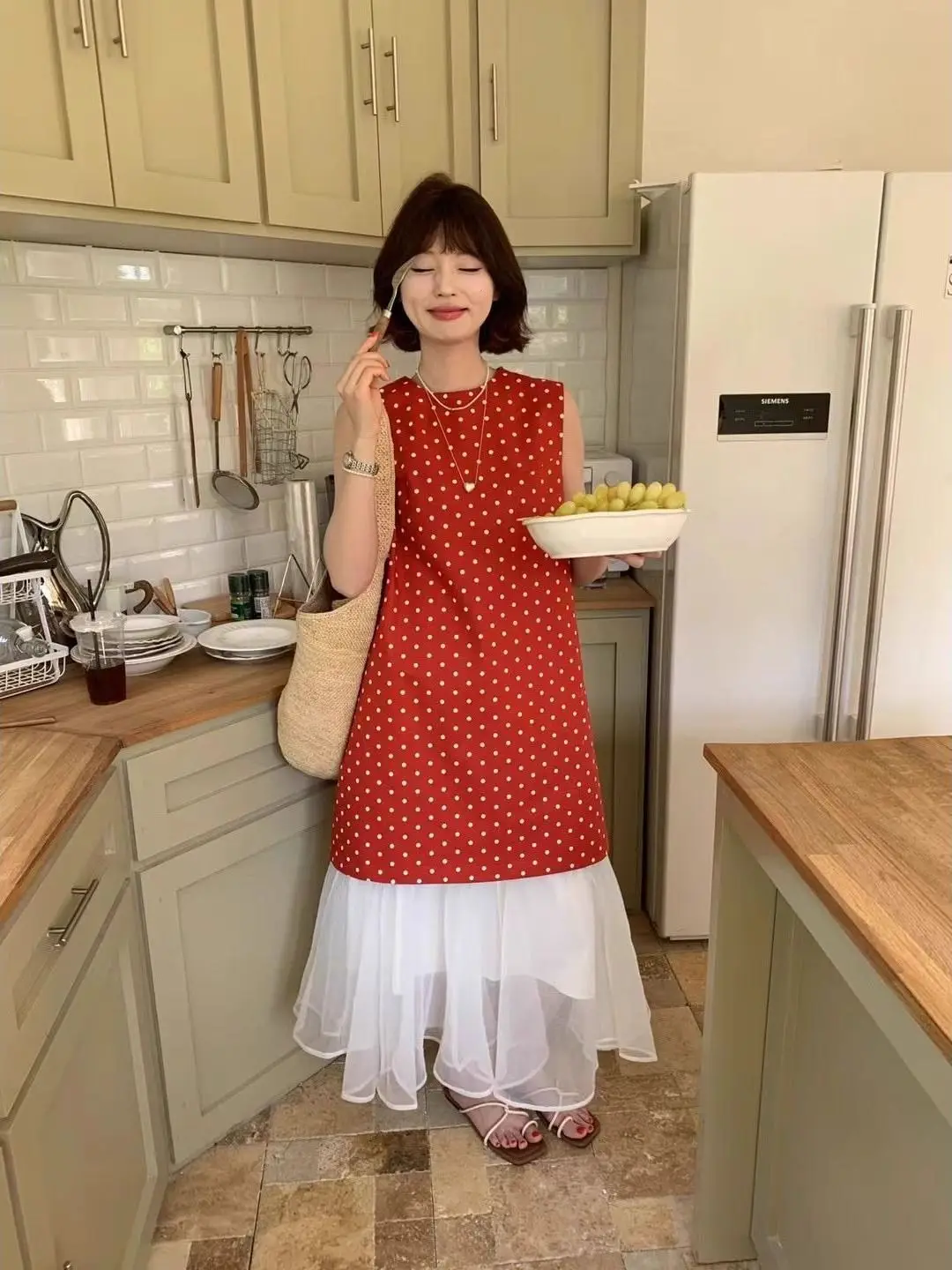 

Свободный корейский жилет в стиле ретро, маленький размер, длина миди, прямой хлопковый льняной жилет в горошек, круглый жилет без шнуровки Dr Women