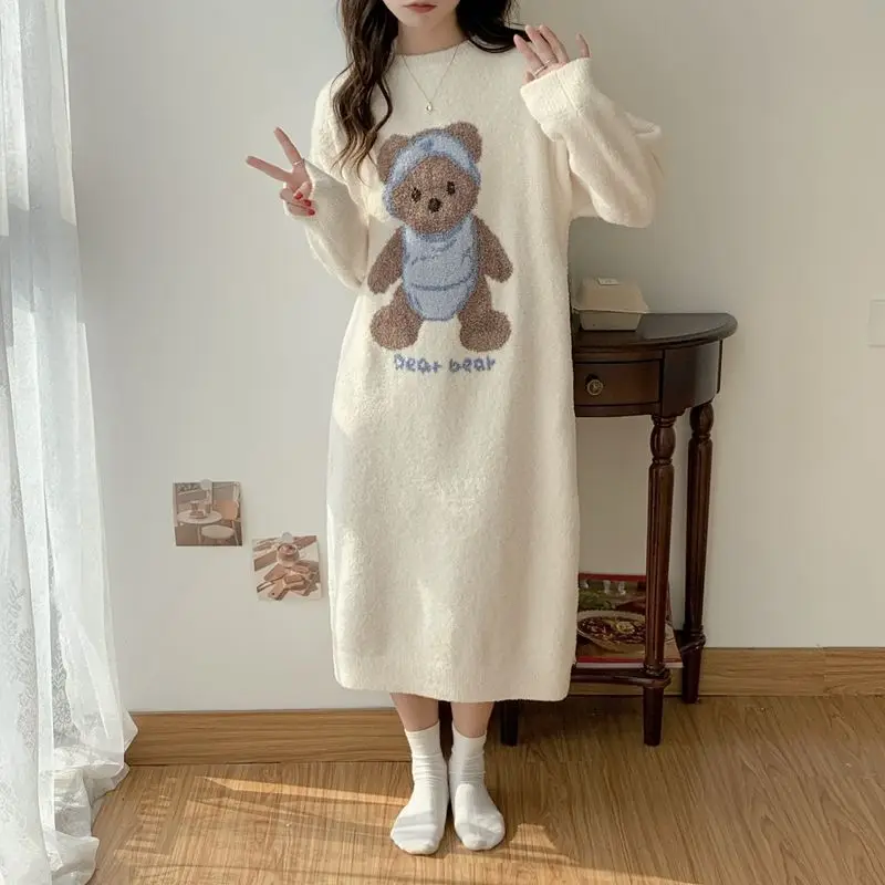 QWEEK Coral Velvet Long Nightie Kawaii Korean Style Bear Print Sleepwear Warm Thicken Women\'s Nightdress Winter Homewear