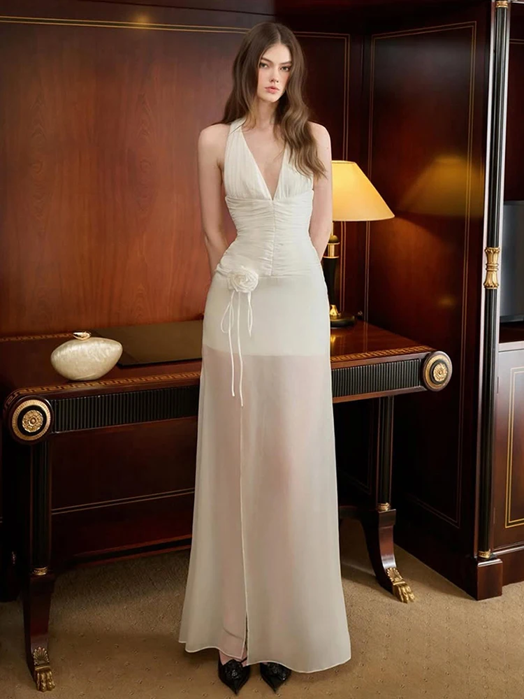 Kliou Sexy Durchsichtiges langes Kleid für Damen, Neckholder, tiefer Ausschnitt, ärmellos, rückenfrei, 3D-Blumendekoration, hoher Schlitz am Saum, elegantes, figurbetontes Kleid