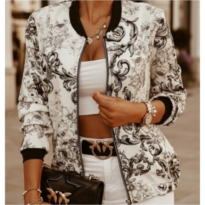 New Coats and Jackets Slim Long Sleeve Printed Women Coat Fashion Zipper Vintage Coat Tops Elegant Small Coat Women's Clothing