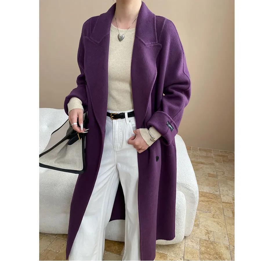 

2026 Women Spring Drouble Breasted Cashmere Coat Turn Down Collar Women Woolen Coat Winter Clothes Long Purple Coats Tops New