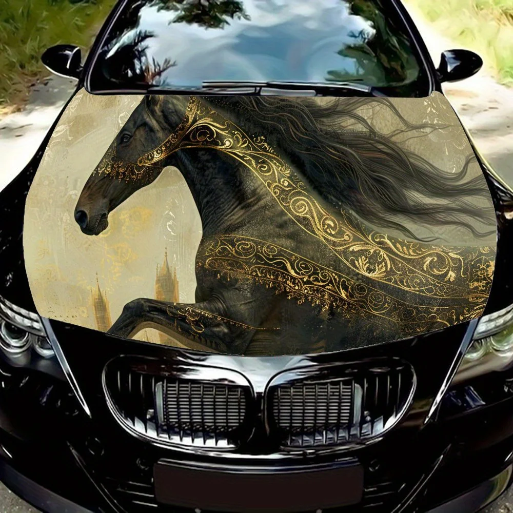 

Artistic Golden-Patterned Horse Car Engine Hood Sticker, Waterproof Self-adhesive Vehicle Vinyl Wraps Decal, Personalized Auto E