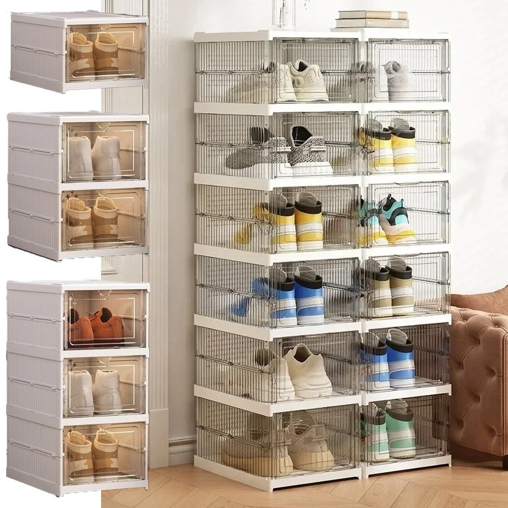 

Dustproof 1/2/3 Layers Foldable Shoes Box Stackable Transparent Thickened Plastic Bins Sneaker Shoe Organizer Cabinet Organizers