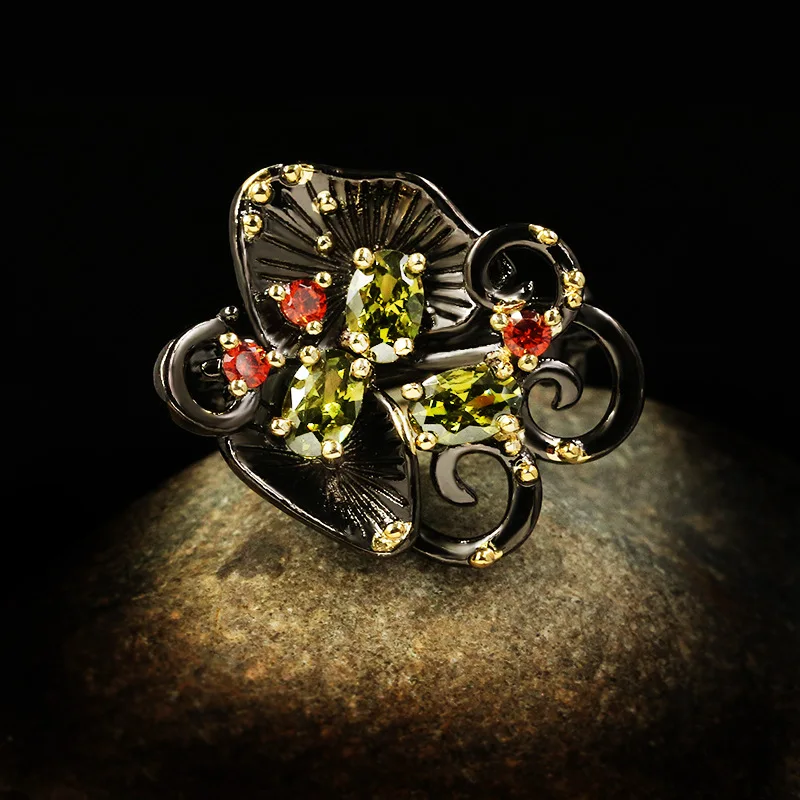 Anillos de cristal de circonita AAA para mujer, joyería Bohemia elegante de lujo, Color negro y dorado, piedra lunar, Serie de flores, tendencia