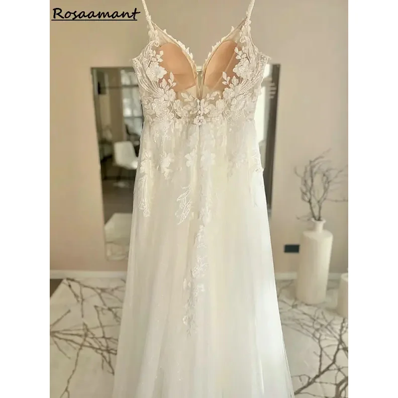 Simples alças de espaguete sem mangas a linha vestidos de casamento ilusão apliques rendas vestido de noiva