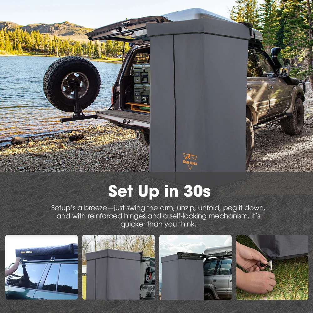 휴대용 캠핑 샤워 텐트 - 90 °   조절 가능한 차량 측면 어닝 스타일, LED 스트립 조명 내장 목욕/화장실 텐트