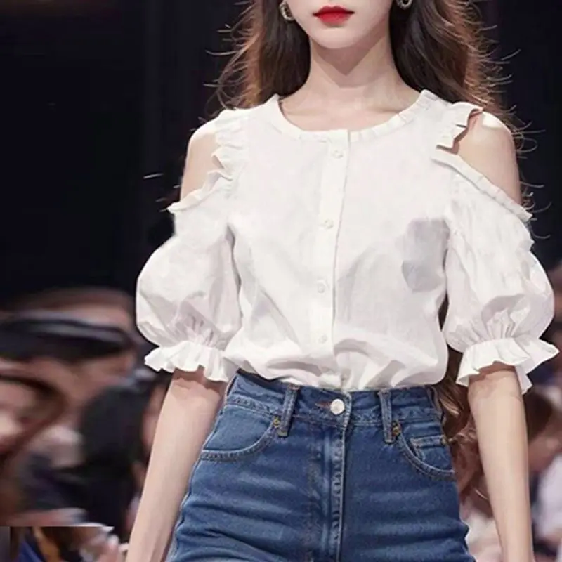 2024 Summer New White Shirt Women's Unique Design Small Shirt Girl Slimming French Short Sleeved Top