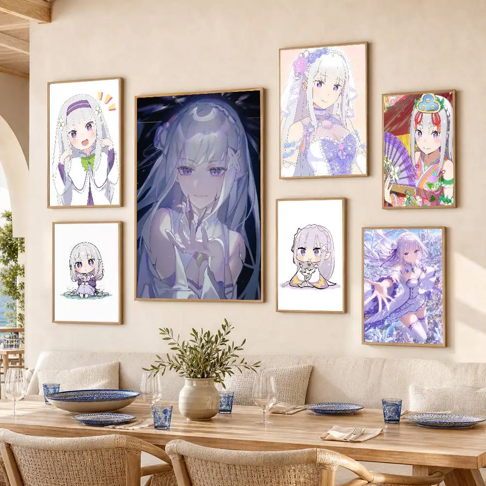 Emilia chibi  Poster Self-adhesive Art Waterproof Paper Sticker Coffee House Bar Room Wall Decor