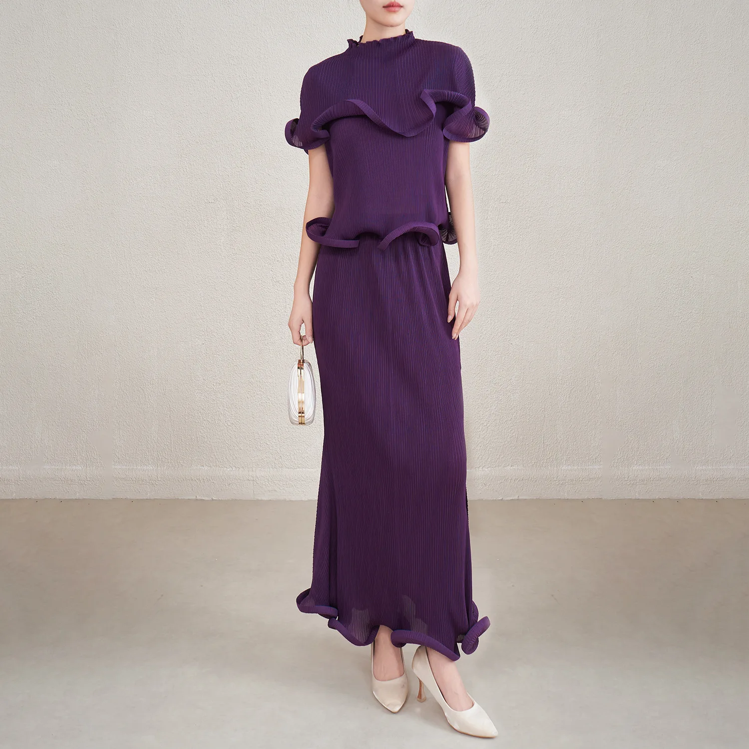 Miyake Pleated Women's Two Pieces Set High-End Fashion Stringy Selvedge Design Short Sleeve T-Shirt + Elastic Waist Long Skirt image 3