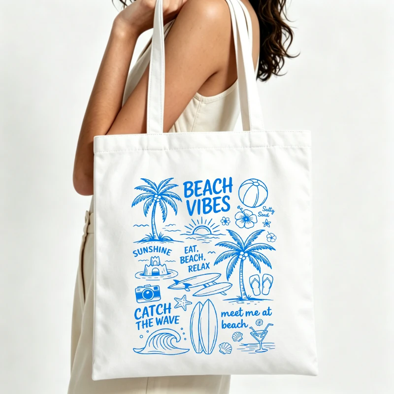 Women's beach graphic canvas tote bag with palm trees and ocean elements, ideal for summer beach outings and casual daily use